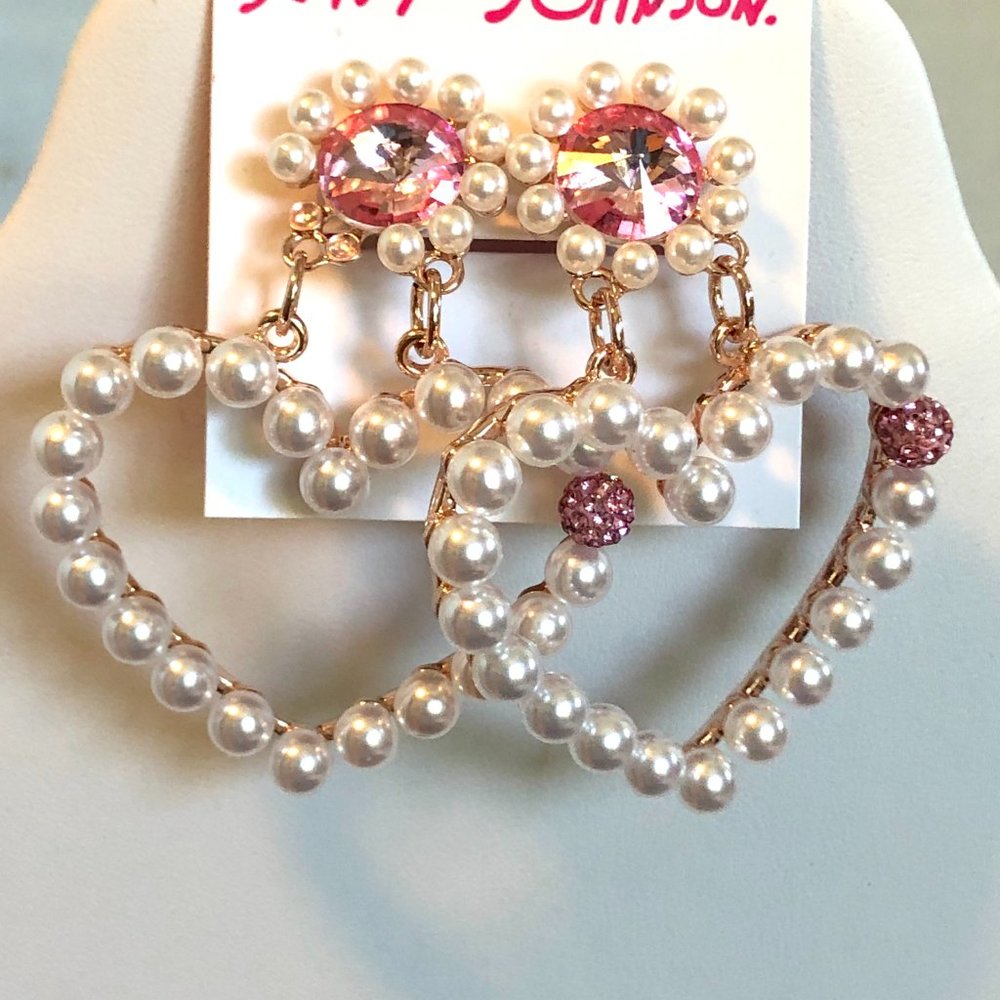Betsey Johnson Open Heart Pearl/Pink Crystal Drop Earrings